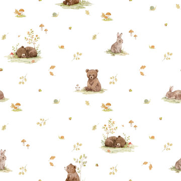 Watercolor Woodland Animals Seamless Pattern for Nursery