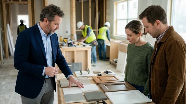 Broker explains how loan draws align with remodeling milestones gesturing towards samples of kitchen upgrades background showing out of focus workers.
