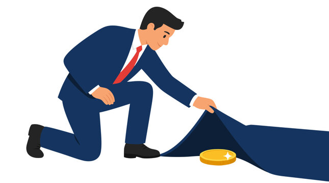 Businessman Discovering Hidden Gold Coin Beneath Dark Carpet, Flat Vector Illustration of Financial Success, Wealth, Business Opportunity and Achievement in Contemporary Minimalist Design