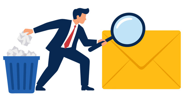 Businessman meticulously examines envelope with magnifying glass while discarding junk mail and spam letters into trash bin, carefully filtering important correspondence, sorting office documents,