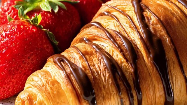 Fresh juicy red strawberries and chocolate croissant close up  