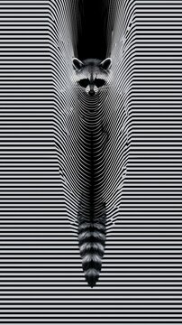 Abstract black and white line art illustration of a raccoon stretching into a distortion pattern op art background