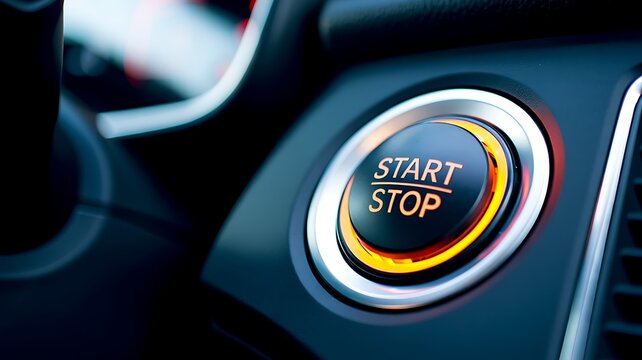 Car engine start stop button with illuminated modern vehicle interior