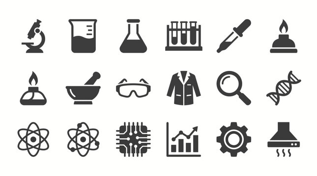 Science icons collection illustrates fundamental research tools and laboratory equipment used in academic and industrial chemistry experiments.