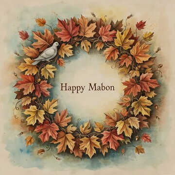 Watercolor autumn wreath with colorful maple leaves and a white dove celebrating the mabon harvest festival