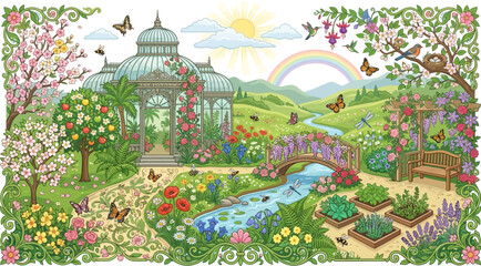 Obraz premium Greenhouse stands in a vibrant spring garden with a flowing stream, wooden bridge, blooming trees, and colorful butterflies under a bright sun.