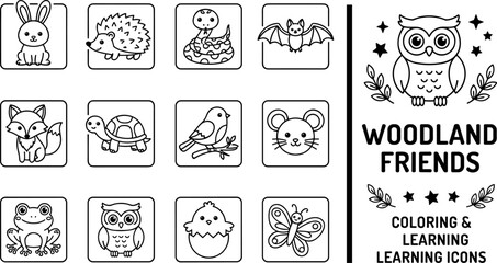 Fototapeta premium Woodland Animal Coloring Icon Set Featuring Cute Forest Creatures, Educational Outline Symbols, Kids Activity, and Learning Illustrations