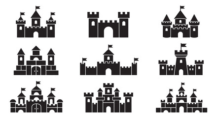 Collection Of Castle Silhouettes In Black And White Flat Design Silhouette © MdMosharef