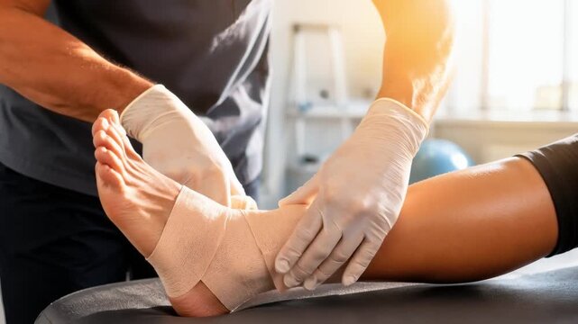 Healthcare professional wrapping injured ankle of patient on table  