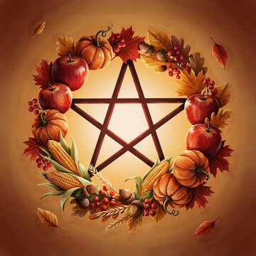Autumn harvest wreath featuring a pentagram symbol surrounded by pumpkins apples and colorful fall leaves