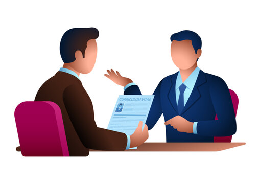 Business illustration showing a recruiter interviewing a job applicant while reviewing a curriculum vitae during the hiring process.