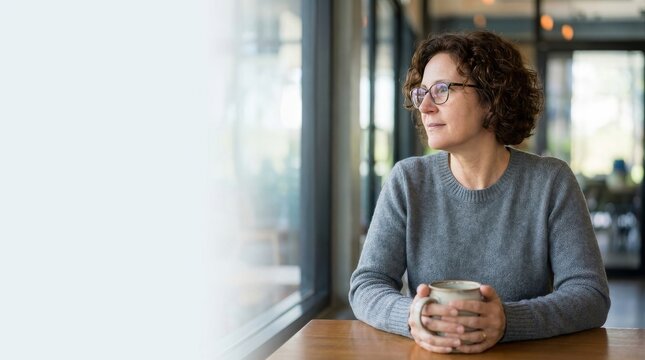 Pensive mature woman with glasses holding a ceramic mug and looking out the window while sitting in a cafe, contemplative expression with negative space on the left