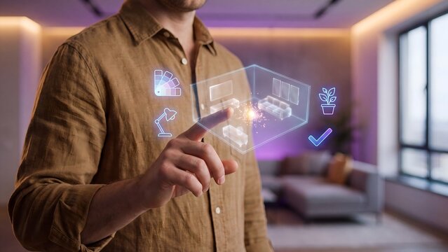 Interior design visualization concept, man touching holographic 3D room model with color palette, lamp, plant, checkmark icons, home styling, renovation planning and decor selection