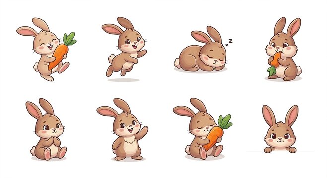 Set of cute kawaii bunny sticker characters