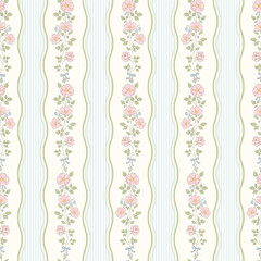 Vintage Wild Rose Floral Stripe Seamless Pattern with Wavy Blue Ticking Stripes and Cottage Garden Flowers © Zenina-Lembrik