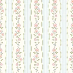 Vintage Wild Rose Floral Stripe Seamless Pattern with Wavy Blue Ticking Stripes and Cottage Garden Flowers © Zenina-Lembrik
