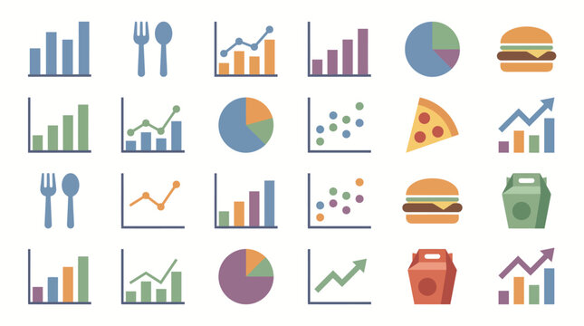 Icons representing food service and statistical data provide a visual shorthand for restaurant performance tracking and consumer dining habits in modern business analytics.
