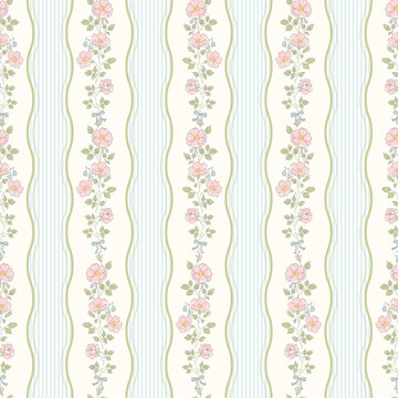 Vintage Wild Rose Floral Stripe Seamless Pattern with Wavy Blue Ticking Stripes and Cottage Garden Flowers