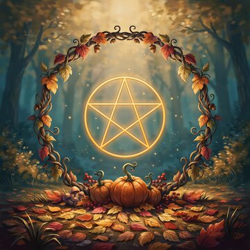 Glowing pentagram symbol inside a floral wreath with pumpkins in a magical autumn forest setting