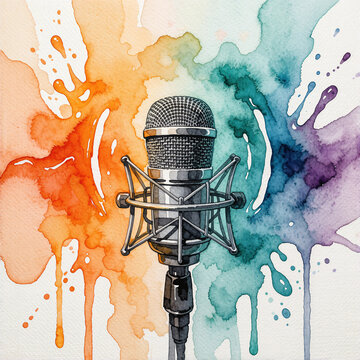 Karaoke action studio condenser microphone with colorful watercolor splash background.