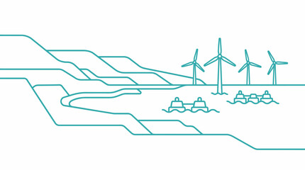 Offshore wind farm infrastructure sits along a coastal landscape featuring stylized turbines and maritime buoys in a clean minimal design. © Dwi