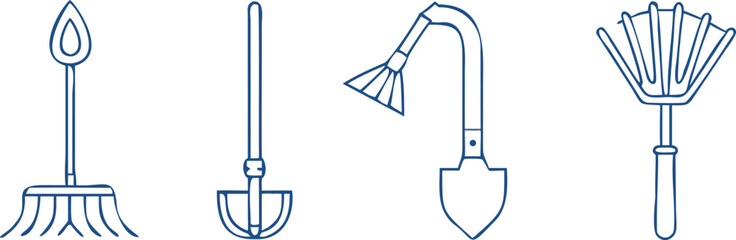 Set of linear blue gardening tools icons featuring rakes hoe and shovel for agriculture design elements © MdMojammel