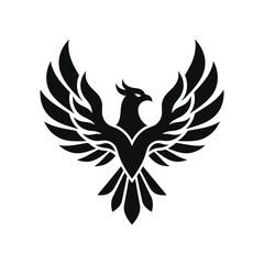 Naklejka premium Black phoenix silhouette with rising wings on white.