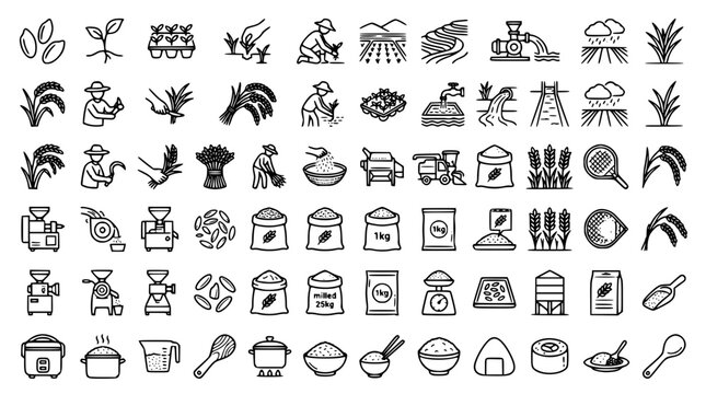 Rice Agriculture and Grain Farming Line Icon Mega Set with Paddy Fields Harvesting Machinery Sacks Cooked Bowls and Sushi Vectors for Food Packaging