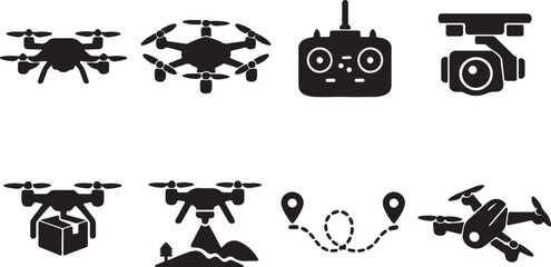 Fototapeta premium Set of various drone technology and aerial photography equipment icons in a flat black silhouette
