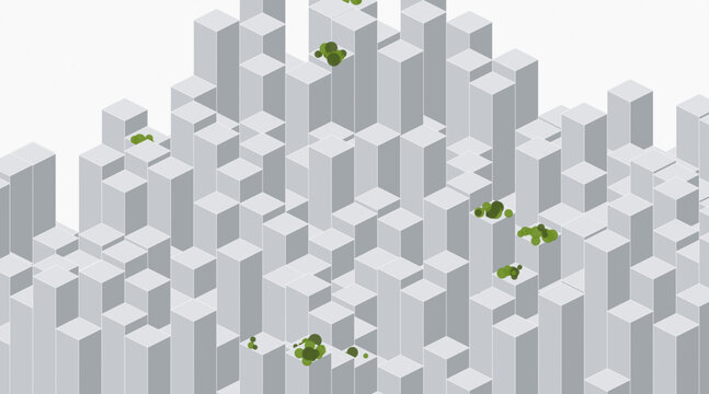 Sustainable Smart City 2.5D Blocks with Rooftop Gardens - Minimalist Nordic Moss on Light Concrete