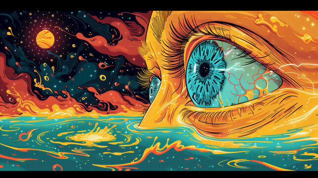 Zine style psychedelic illustration of a giant face partially submerged in a turquoise sea looking at a glowing sun