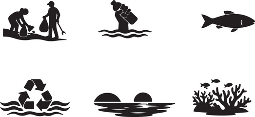 Obraz premium Set of environmental protection and ocean conservation icons featuring a clean black and white silhouette