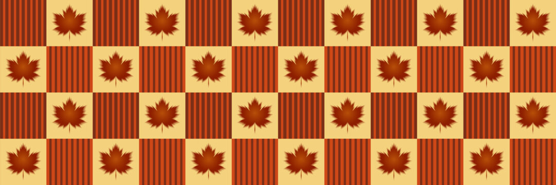 Cozy autumn plaid seamless pattern with maple leaves, dark terracotta and gold checkered background banner