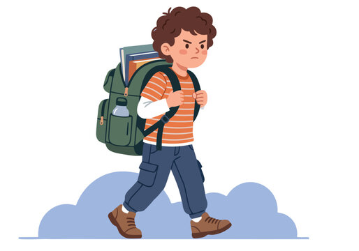A grumpy young boy carries a heavy backpack, ready for school. Illustration style, pastel background, focused composition. Perfect for educational or back-to-school themes.
