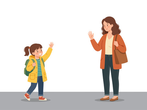 A mother waves goodbye to her daughter at school. Warm colors and a joyful scene. Perfect for education, family, and back-to-school themes.