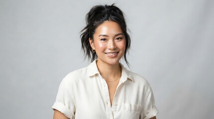 Fototapeta premium Smiling woman in light-colored blouse with crossed arms