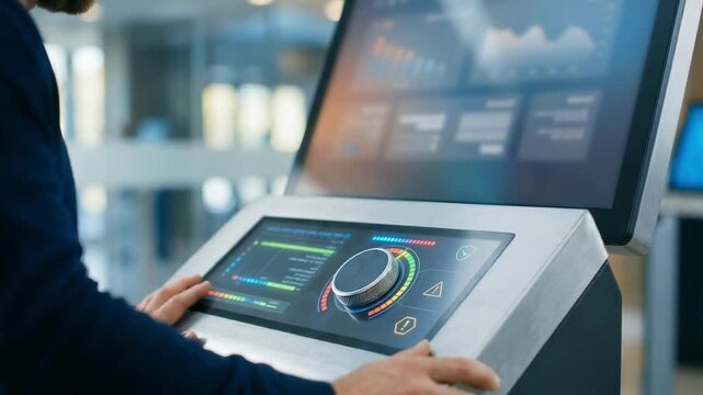 Closeup medium shot of a user adjusting risk management settings on a selfservice fintech platform emphasizing the main control panel while screens fade softly out of focus.
