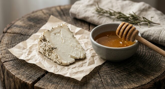 Artisanal goat cheese served with golden honey