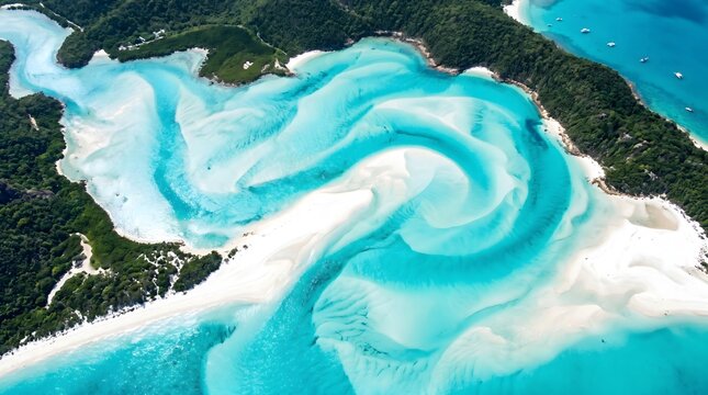 Aerial view of stunning swirling white sandbars and crystal clear turquoise ocean water