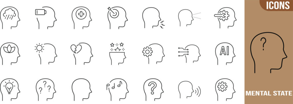 Human mind mental state icons. lightbulb icon set, gear icon set, ai icon set