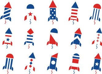 Obraz premium Fourth of July Firework Rocket Icon Set - Patriotic Red White and Blue Vector Illustration