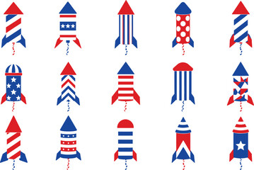 Obraz premium Fourth of July Firework Rocket Icon Set - Patriotic Red White and Blue VectorFlat Style