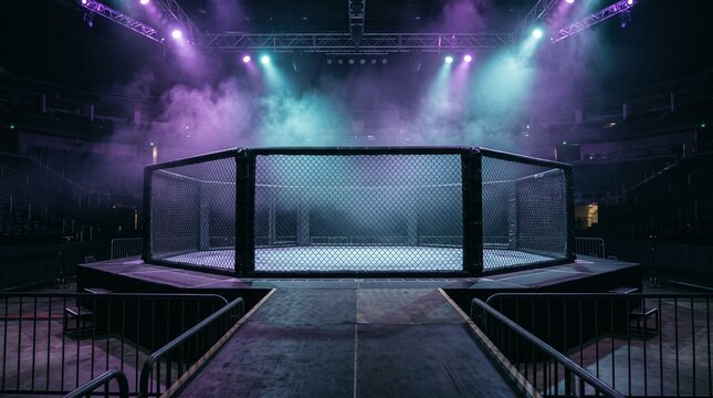Empty octagon cage in professional combat sports arena. Mixed martial arts ring under stage lights and smoke.