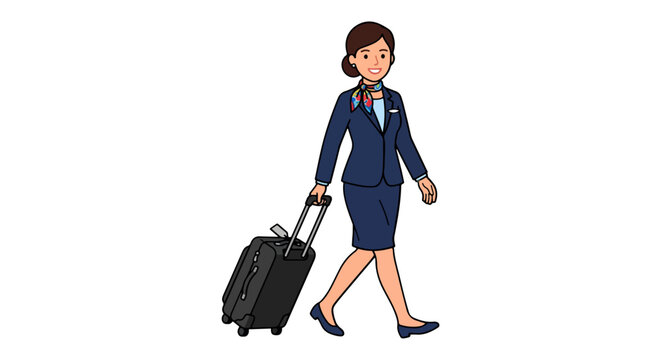 Flight attendant walking with rolling luggage