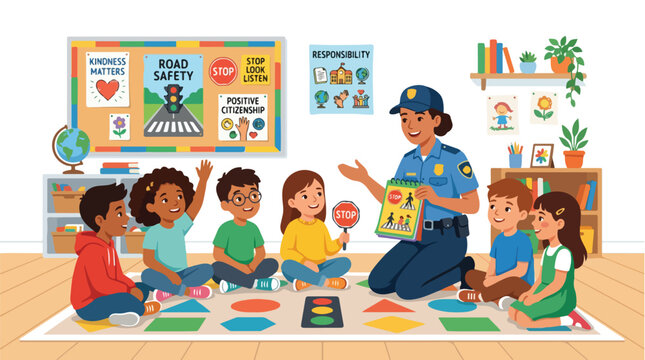 Police officer teaching a group of diverse children about road safety.