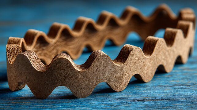 Corrugated cardboard wavy band showcasing textured brown kraft paper material with sinuous curves resting on a rustic blue wooden surface with shallow depth of field