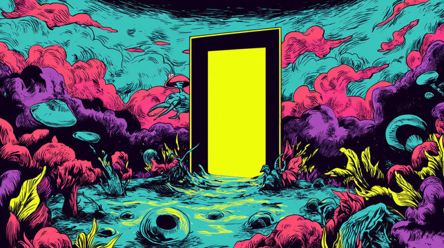 Zine style surreal comic illustration of a glowing yellow doorway portal in an alien psychedelic landscape with vibrant mushrooms and clouds