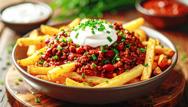 Crispy French fries with a rich beef chili, garnished with sour cream. AI