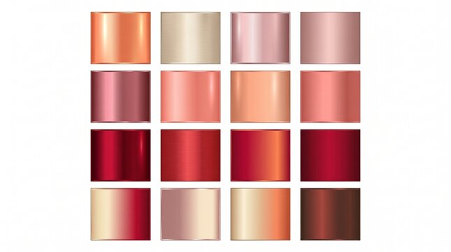 Rose gold metallic gradients collection, 16 luxury copper and bronze foil swatches, elegant pink and red metal texture set for graphic design
