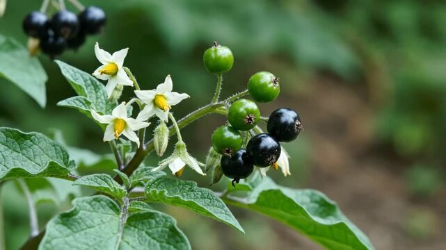 Close-up of a flowering plant with white flowers and berries, showcasing nature's beauty in vibrant detail